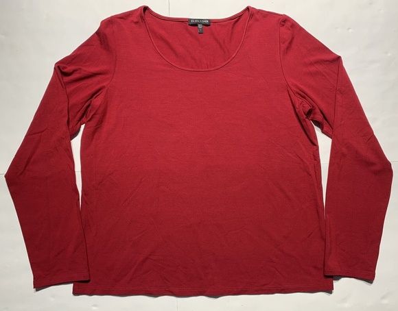 Eileen Fisher Tops - Eileen Fisher Top Large Red Rayon Stretch Pullover Knit Scoop Neck Long Sleeve